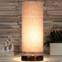 Shelly Grey cotton table lamp with brown wood base