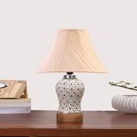 Devansh Off-White Cotton Shade Cross Pleated Lamp With Wood & Mosaic Glass Base For Decoration/Office/Home/Gifting/Study For Decoration/Office/Home/Gifting/Study