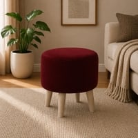 Doe Buck Parker Velvet Round Ottoman Stool in Maroon Colour with Wooden Legs