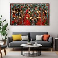 The Castle Decor Pichwai Madhubani Wall Painting Wooden Framed 27x48 Inch (Style 5)