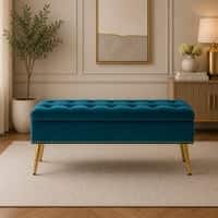 Doe Buck Velvet Tufted Storage Bench in Teal Blue Colour with Gold Legs