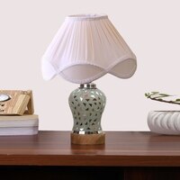 Devansh Off-White Vintage  Cotton Pleated Shade Lamp With Wood & Mosaic Glass Base For Decoration/Office/Home/Gifting/Study For Decoration/Office/Home/Gifting/Study