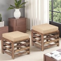 Houston Sheesham Wood Contemporary Set of 2 Stools in Jute Beige, Teak Finish