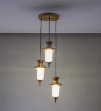 Isla 3 Light Ceiling Pendant In Brass Finish Metal With Amber And Frosted White Glass Shades