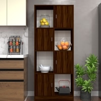8 Shelves Semi Open Multipurpose Matrix Kitchen Cabinet In Asian Walnut Finish