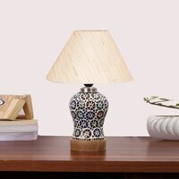 Devansh Conical Off White Cotton Shade Lamp With Wood & Mosaic Glass Base For Decoration/Office/Home/Gifting/Study For Decoration/Office/Home/Gifting/Study -(10X10X14.5) Inches -A