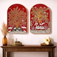 Traditional Tree of Life Wall Art Painting Set of 2 Gold Arch Frame 16 x 24 Inch