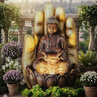 Beige Fiber Glass Palm Buddha Indoor Water Fountain