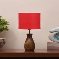 Devansh Red Cotton Table Lamp With  Wood Natural Base (7X13 Inches)-4