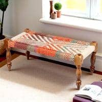Oakville Sheesham Wood 2 Seater Maachi Bench In Assorted Multi-Colour Chindi & White Rope Canning