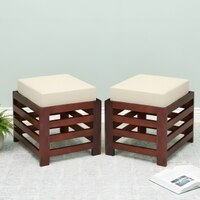Houston Sheesham Wood   Square Set of 2 Stools in HONEY FINISH   Jute White Cushion