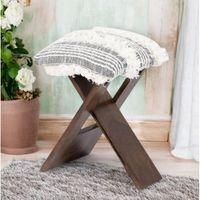 Dayton Sheesham Wood Mid Century Square   Stool in Grey Fabric   Fringes Upholstery