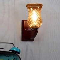 Devansh Solid Wood Electric Wall Light in Brown Colour with Lavender Shade Count of 1 Light
