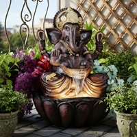 Brown Fiber Glass Lotus Ganesha Indoor Water Fountain