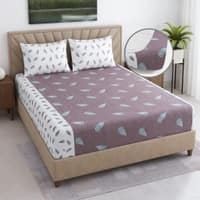 White And Plum Shade Floral  Cotton 400 Tc  Fitted  Super King Size Bedsheet With 2 Pillow Covers