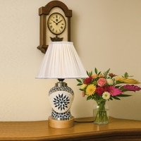 Devansh Off-White Vintage  Cotton Pleated Shade Lamp With Wood & Mosaic Glass Base For Decoration/Office/Home/Gifting/Study For Decoration/Office/Home/Gifting/Study