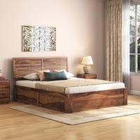 Terence Solid Wood Queen Size Hydraulic Storage Bed In Teak Finish