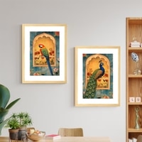 Mughal Parrot Peacock Jharokha Set of 2 Framed Posters 45x60 cm