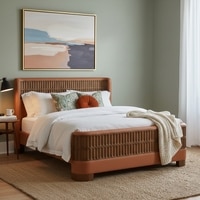 Heritage Cane Upholstered Queen Size Bed in Linen With Oak wood Frame