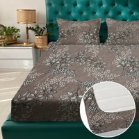 Brown Floral 180 TC Fitted 1 King  Bedsheet with 2 Pillow Covers