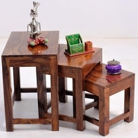 Meridian Solid Wood Set of 3 Stool in Teak Finish
