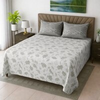 Zara White & Green Floral 400 TC Cotton Flat Super King Size Bedsheet with 2 Pillow Covers – Threads