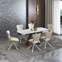 Aeris Ceramic 4 To 6 Seater Extendable Dining Table With 4 Tulip Dining Chairs (Finish : Rome Travertine, Chair Colour : Cream)