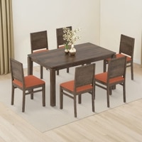 Atlas Solid Wood 6 Seater Compact Dining Table With 6 Atlas Dining Chairs (Finish : Danish Walnut, Chair Colour : Burnt Orange)