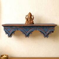 Multishade Colour Solid Wood Handcarved NeelShikhara Floating Wall Shelf with distres finish by DisooFashions