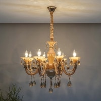 Raphael 8 Arm Ceiling Chandelier In Amber & Clear Finish With Clear Glass Crystal Drops & Trim