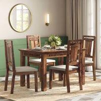 Fidora 4 Seater Dining Table With Set Of 4 Martha Dining Chairs (Colour- Wheat Brown, Finish- Teak)