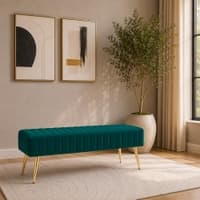 Doe Buck Upholstered Bench in Teal Colour with Channel Stitching and Gold Legs