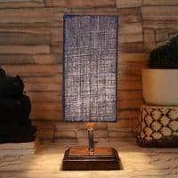 Emma Blue Jute table lamp with Square Brown Wood Base