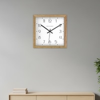 Spaces Unhooked Square Wooden Wall Clock, Natural Wood Frame, White Dial with Classic Numerals and Dot Track