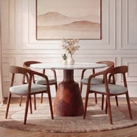 Massa Solid Wood And Banswara 4 Seater Round Dining Table with 4 Zen Solid Wood Dining Armchair in (Finish: Honey, Colour: White Boucle)
