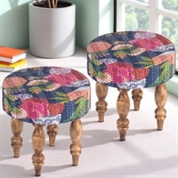 Roswell Sheesham Wood Mid Century Round Set of 2 Stools in Fruit Print Blue Kantha Upholstery