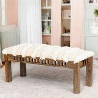 Milford Sheesham Wood Mid Century 3 Seater Bench In Beige Fabric