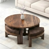 Nashville Sheesham Wood 4 Seater Coffee Table Set In Teak Finish Brown Sparkle Velvet Cushion
