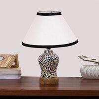 Devansh Conical White & Black  Cotton Shade Lamp With Wood & Mosaic Glass Base For Decoration/Office/Home/Gifting/Study For Decoration/Office/Home/Gifting/Study -(10X10X14.5) Inches -A