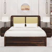 Lotus Solid Wood King  Size Upholstered Bed With Drawer Storage (Provincial Teak Finish)