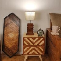 Truffle Brown Wooden Table Lamp with Yellow Printed Fabric Lampshade