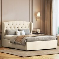 Holmebrook Engineered Wood Queen Size Drawer Storage Upholstered Bed in Ivory Leatherette Colour