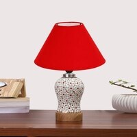 Devansh Conical Red Cotton Shade Lamp With Wood & Mosaic Glass Base For Decoration/Office/Home/Gifting/Study For Decoration/Office/Home/Gifting/Study -(10X10X14.5) Inches -A