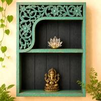 BlueGreen Colour Solid Wood Handcarved Aarambh Floating Wall Shelf With 2 Compartment by DisooFashions