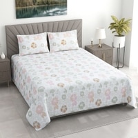 White Floral 400 Tc Cotton Flat  Double Queen Size Bedsheet With 2 Pillow Cover