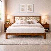 Averra Solid Wood Queen  Size Upholstered Bed Without Storage (Provincial Teak Finish, Golden Colour)