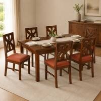 Globally Indian Anvaya Solid Sheesham Wood 6 Seater Dining Table Set 6 Chairs Terracotta Orange