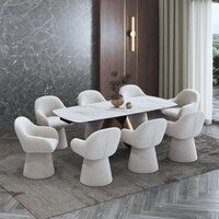 Aeris Ceramic 6 To 8 Seater Extendable Dining Table With 6 Selene Dining Chairs (Finish : Gilded White, Chair Colour : Grey)