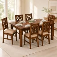 Globally Indian Ojasvi Solid Sheesham Wood 6 Seater Dining Table Set 6 Chairs Beige