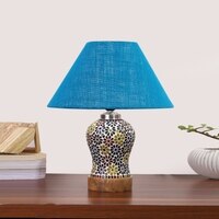 Devansh Conical Turquoise Jute Shade Lamp With Wood & Mosaic Glass Base For Decoration/Office/Home/Gifting/Study For Decoration/Office/Home/Gifting/Study -(10X10X14.5) Inches -A
